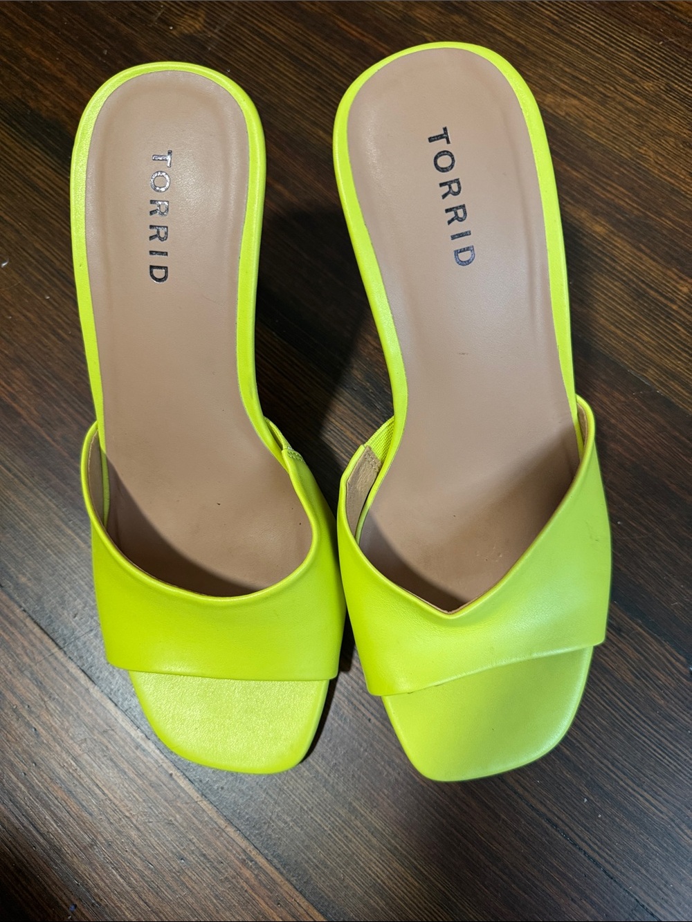 torrid Neon Lime Open Square Toe Slip-On heels.